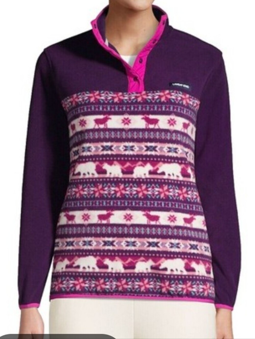 Lands End Purple & Pink Fair Isle Fleece Pullover Sweater XL 18